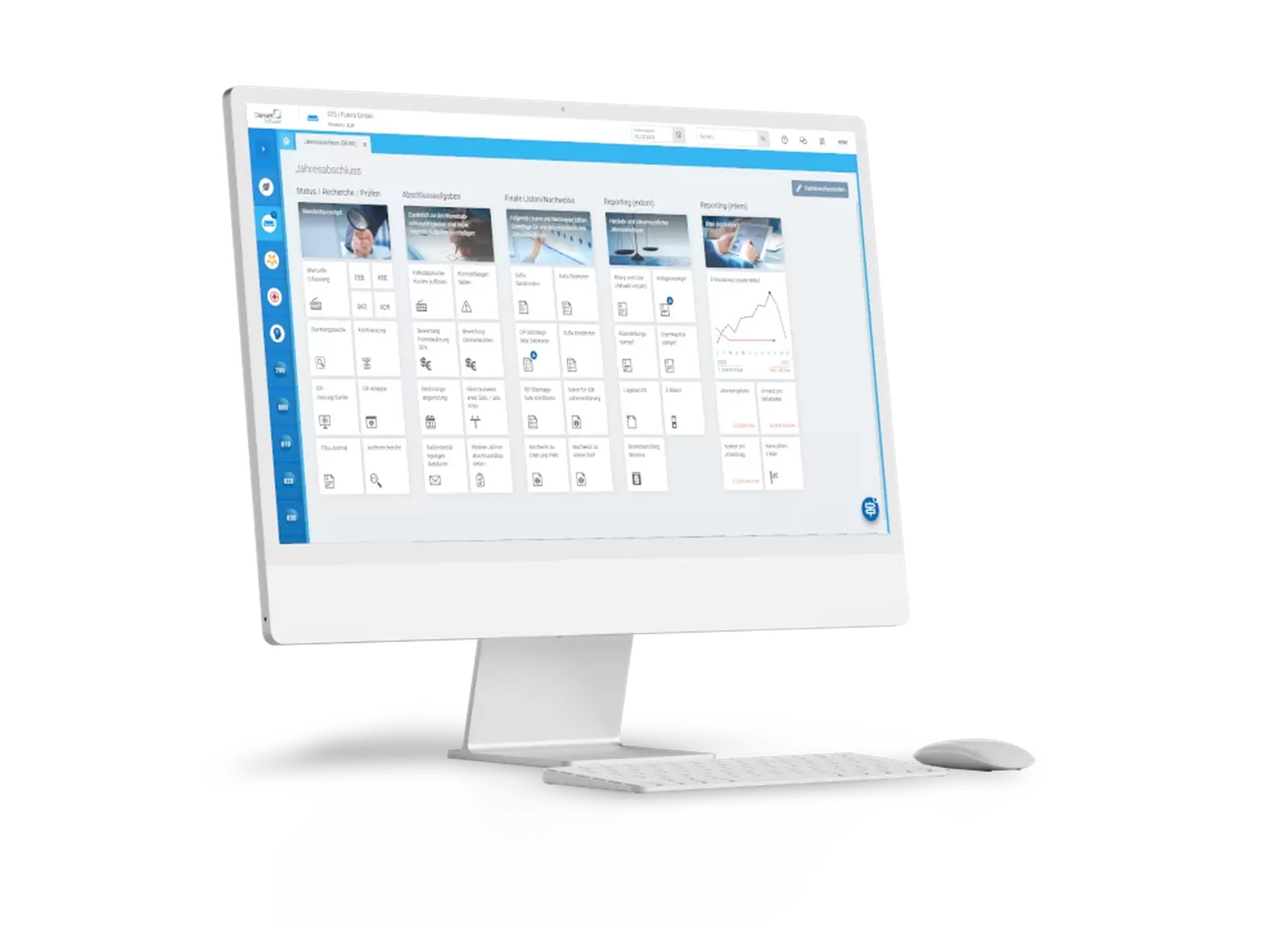 Desktop-Ansicht einer Finanzsoftware mit Jahresabschluss-Übersicht