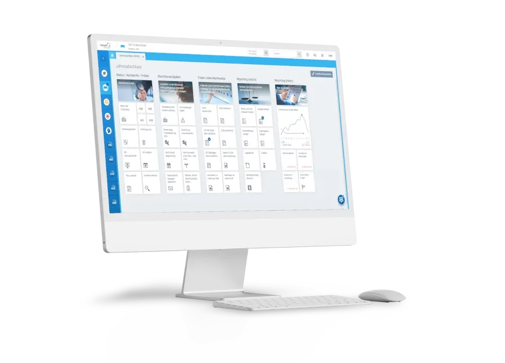 Desktop-Ansicht einer Finanzsoftware mit Jahresabschluss-Übersicht