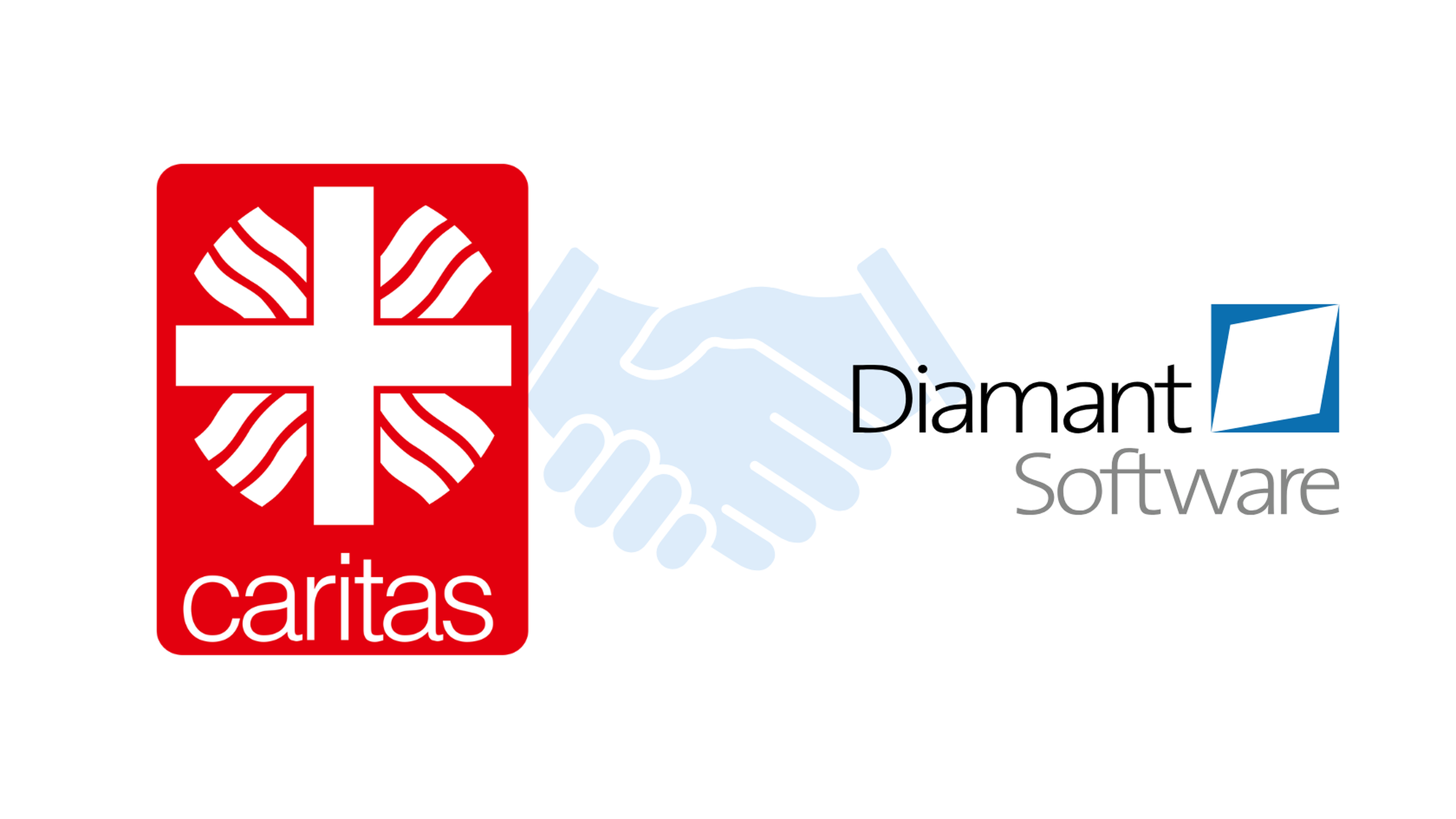 Logos der Caritas und Diamant Software reichen sich die Hände.