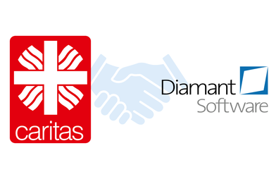 Logos der Caritas und Diamant Software reichen sich die Hände.