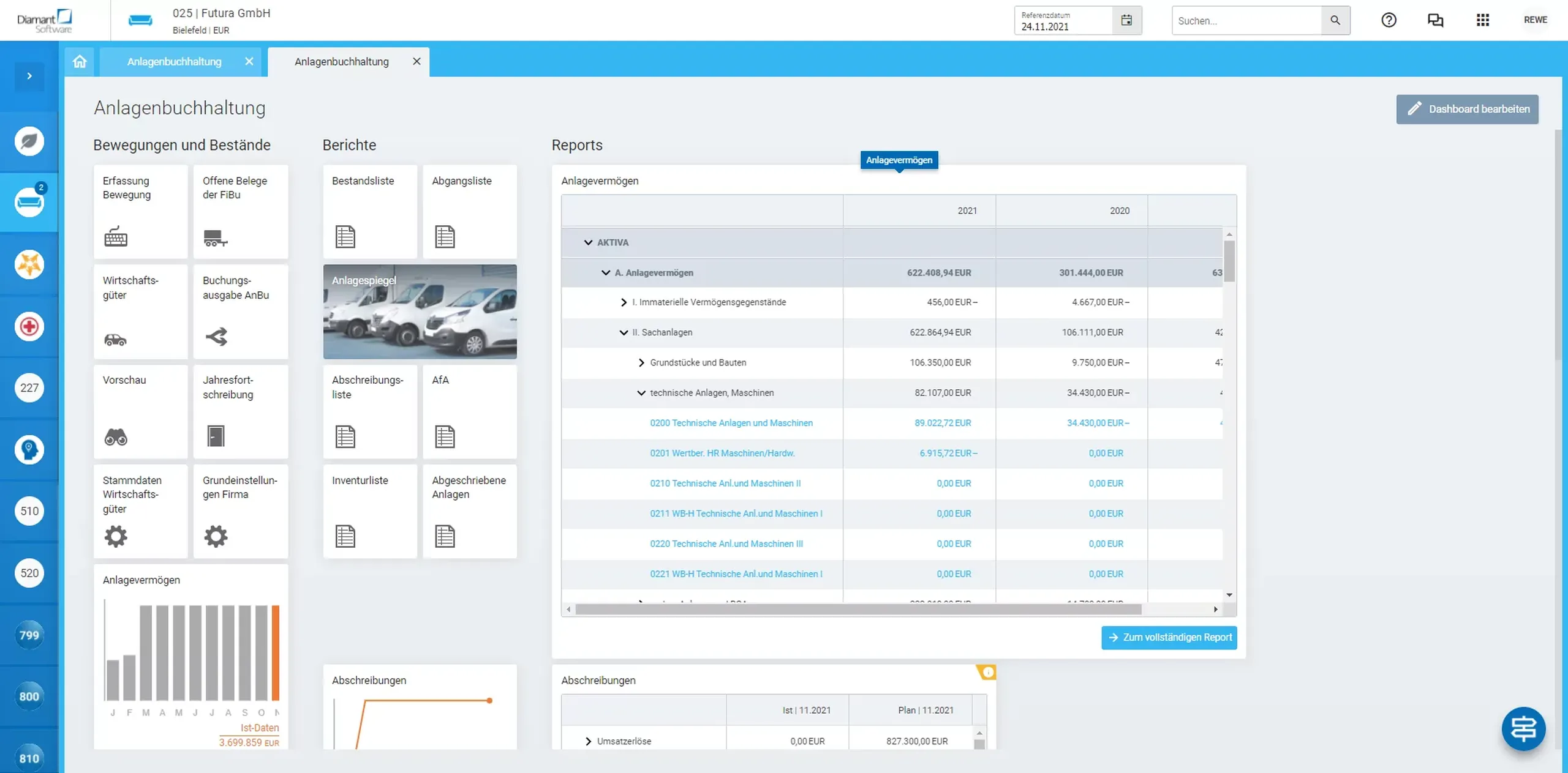 Anlagenbuchhaltung mit Berichten und Reports in der Finanzsoftware