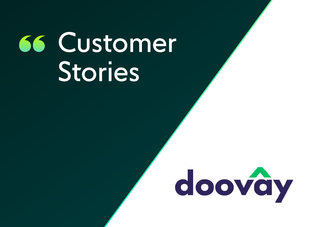 Split background with "Customer Stories" on dark green and "doovay" logo on white, separated by a diagonal line.