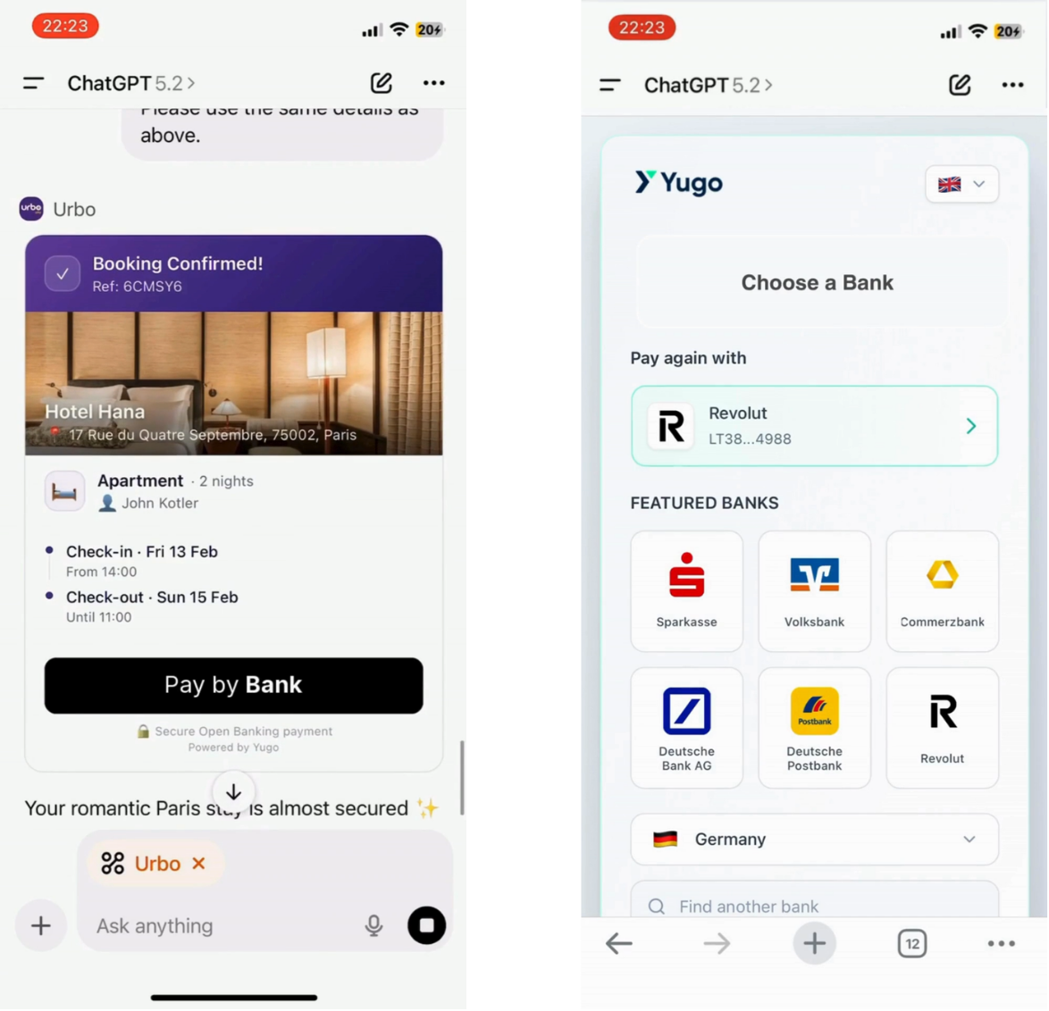 Yapily and Yugo pay by bank screens Two mobile app screens showing a hotel booking confirmation for Hotel Hana and a bank selection interface with various bank options for payment.