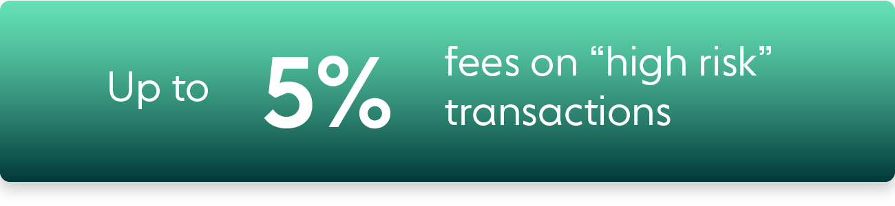 Upto 5% fees on high risk transactions Green banner with message about cost of transaction fees on it