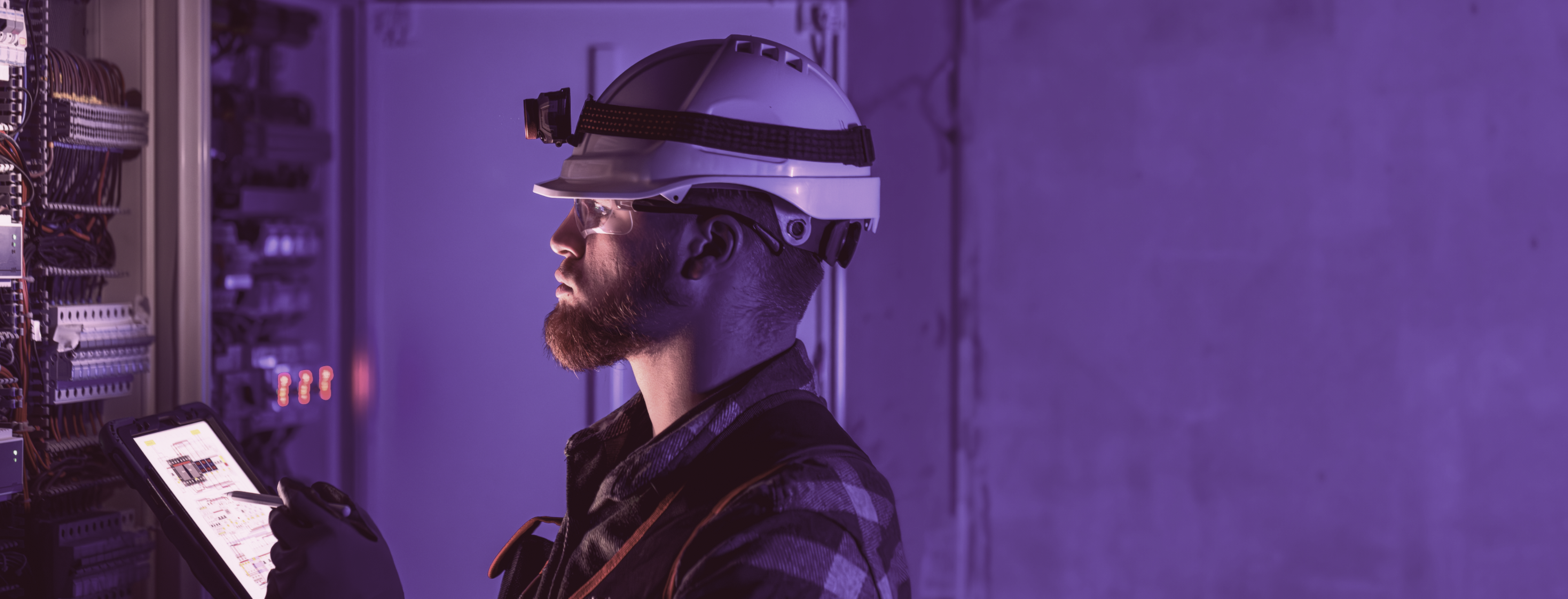 Technician in a hard hat and safety glasses uses a tablet to inspect electrical panels in a dimly lit room.