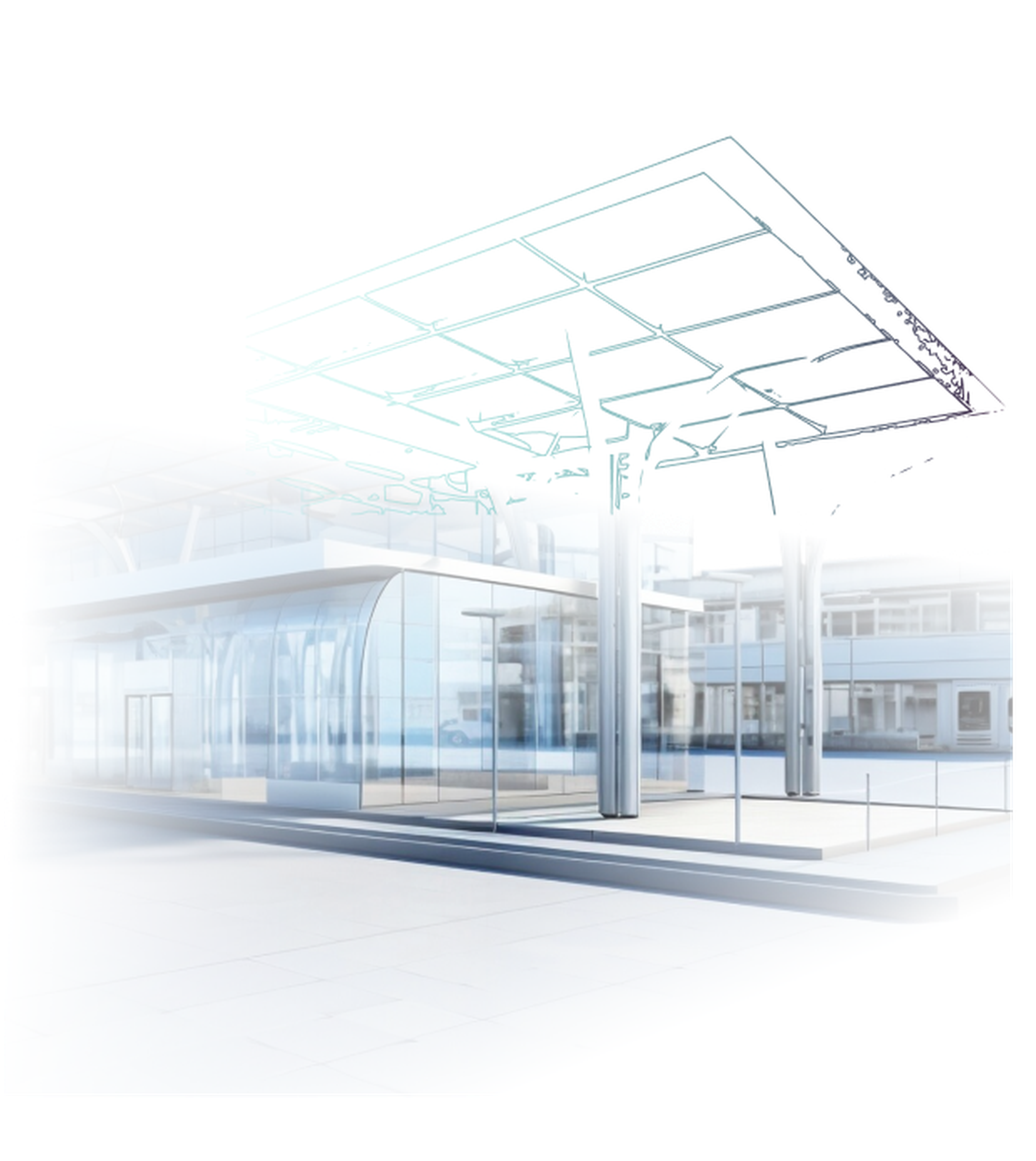 Futuristic architectural design with glass walls, metal beams, and a partially transparent roof structure, set in an urban environment.