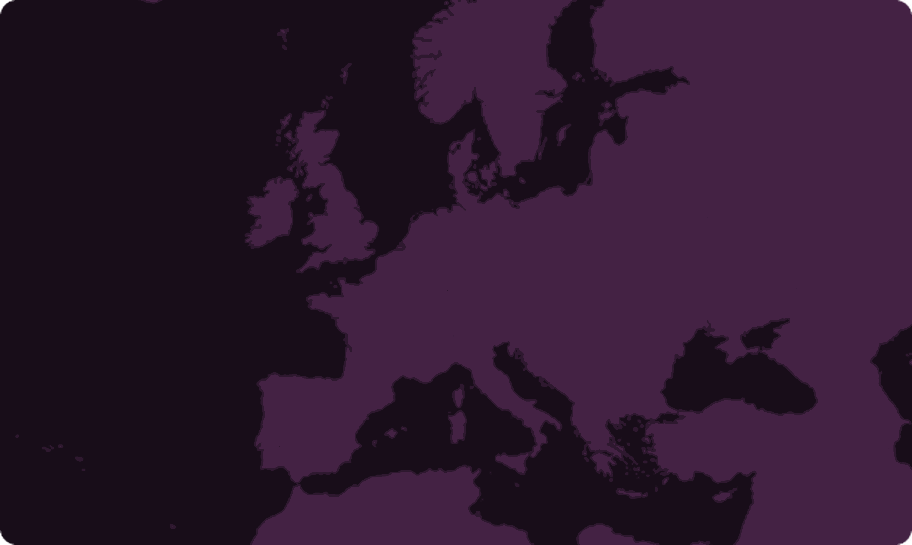 Map of Europe with four location pins on Portugal, France, Italy, and Czech Republic, set against a dark purple background.