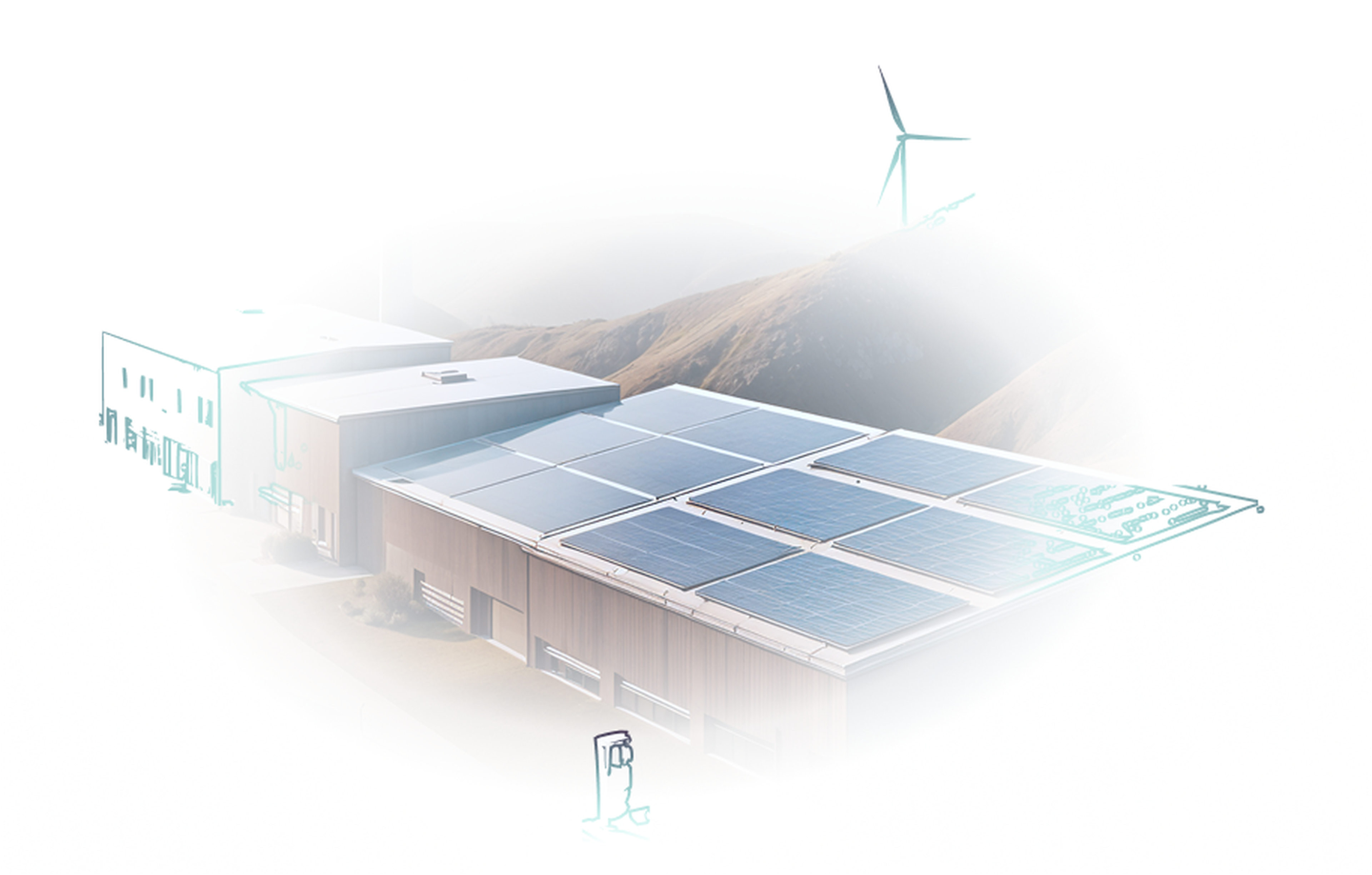 A building with solar panels on the roof, set in a mountainous landscape, with a wind turbine in the background.