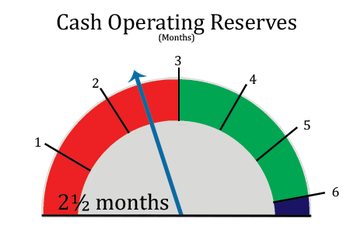 Gauge showing cash operating reserves in months, with a red zone at 2.5 months, transitioning to green at 3 months, up to 6 months.
