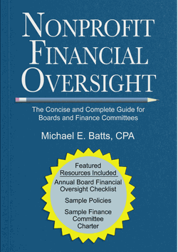 Cover of "Nonprofit Financial Oversight" by Michael E. Batts, featuring a blue background and a yellow starburst highlighting included resources.