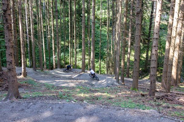 Kind und Profi fahren am Mountainbike