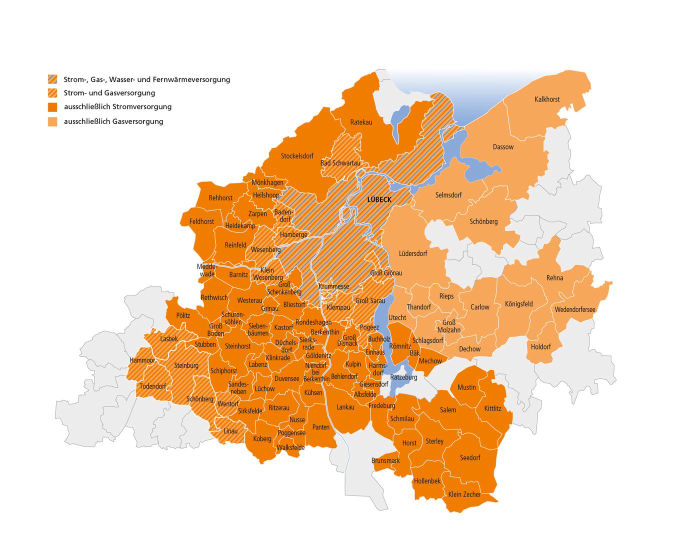 Karte mit dem Netzgebiet der TraveNetz