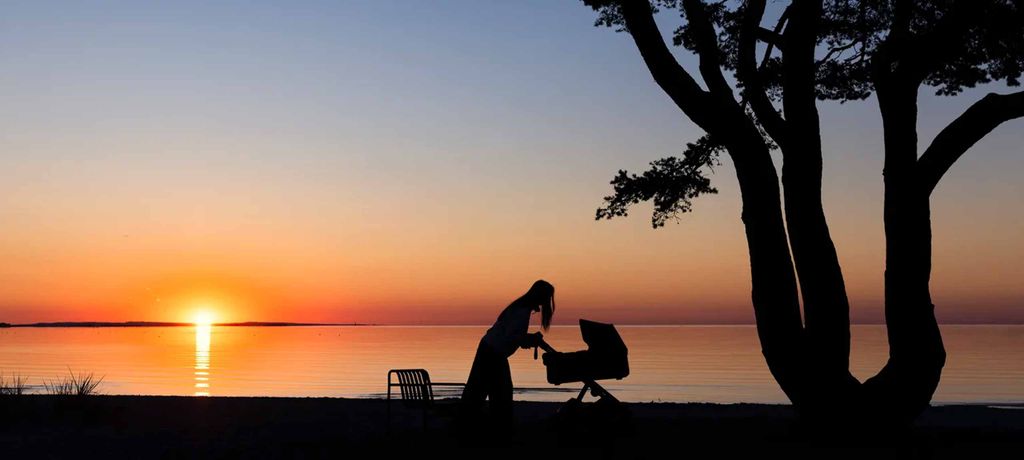 Silhouette of a person and baby stroller by a tree at sunset by a calm lake.