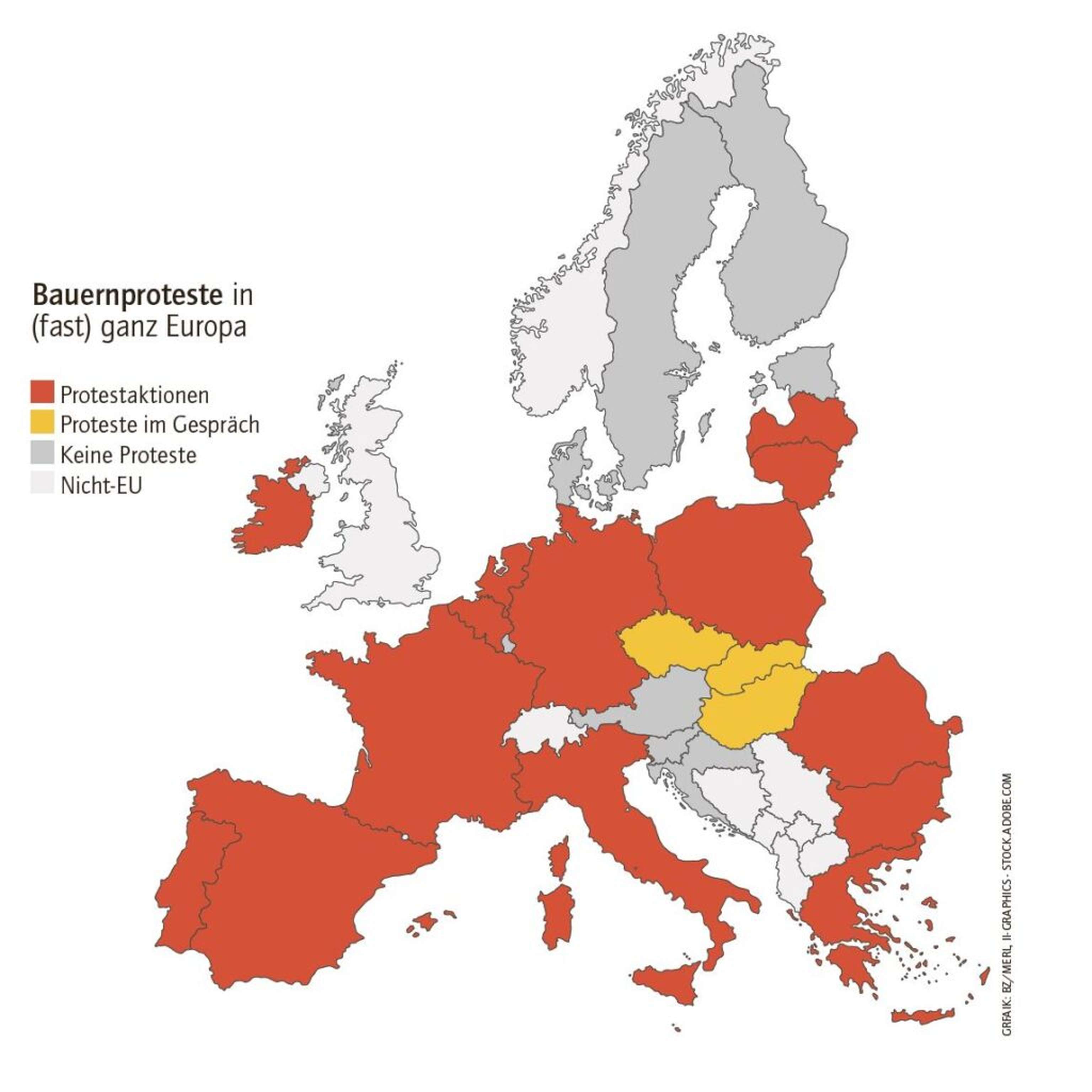 Bauerndemonstrationen in der Europäischen Union (Stand 07.02.2024)