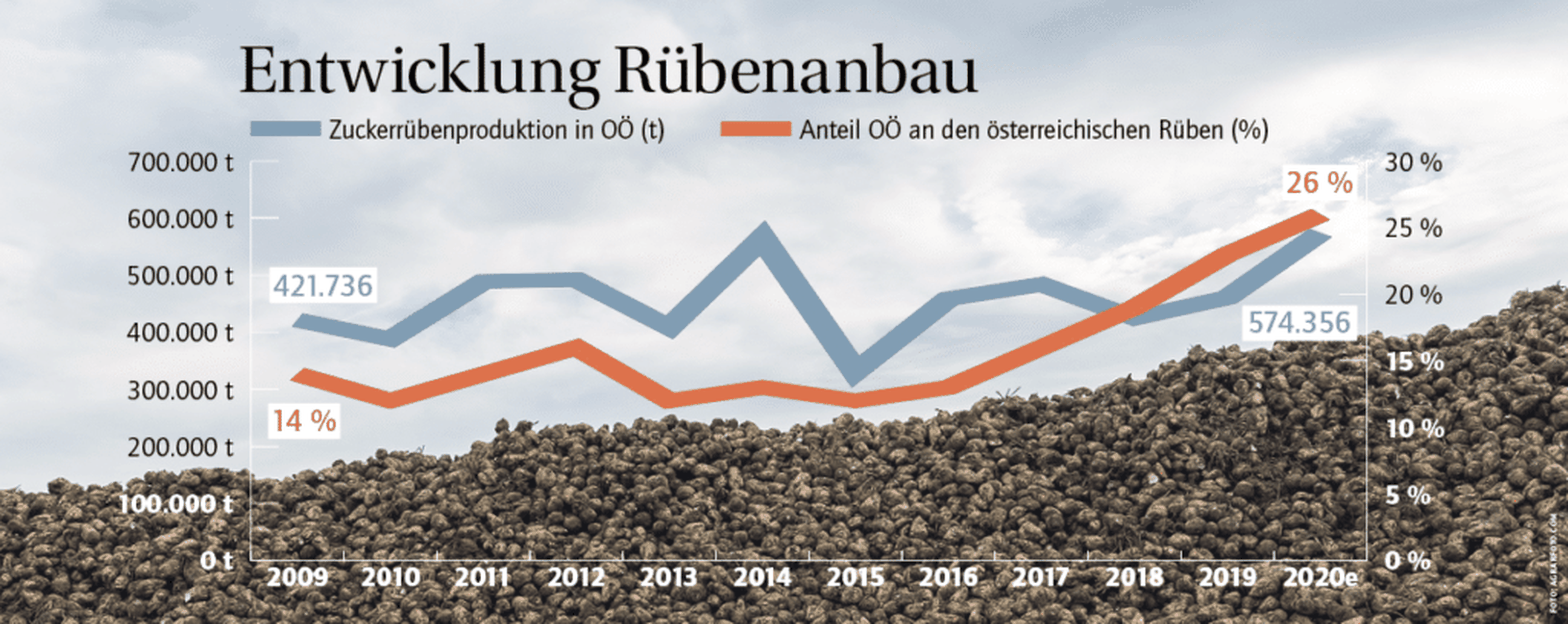 Oberösterreich hat seinen Anteil an der bundesweiten Produktion in den vergangenen Jahren erheblich steigern können. Dieser liegt mit geschätzten 574.356 Tonnen heuer bereits bei 26 Prozent.