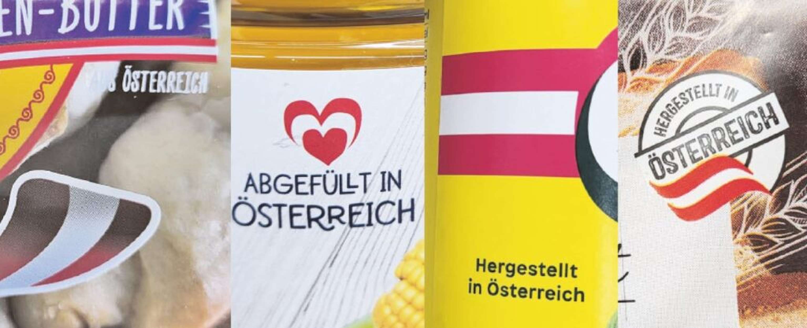 Lebensmittel mit Hinweisen über Herstellung in Österreich.