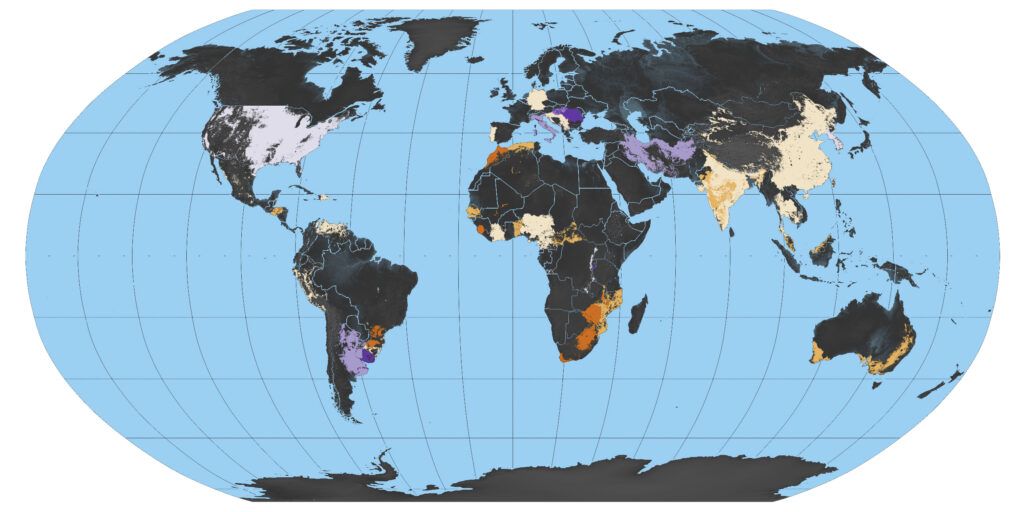 US-Wissenschaftler haben die Auswirkungen von El Niño auf die Erträge der wichtigsten Ackerkulturen untersucht.Während rot bis beige für negative Effekte stehen, sind in violett gefärbten Regionen Ertragsverbesserungen zu erwarten.