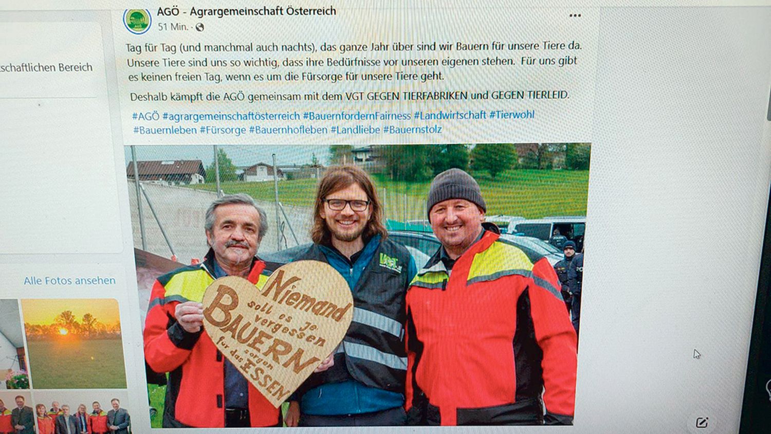 Konrad (r.) und Steinbichler (l.) mit einem VGT-Vertreter. Das Posting auf Facebook wurde von der AGÖ mittlerweile wieder gelöscht.