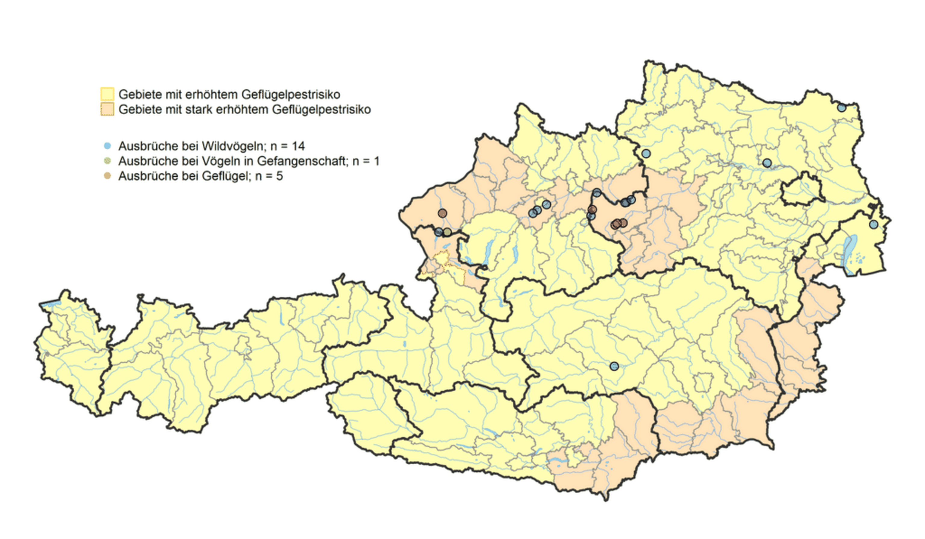 Aviäre Influenza: Risikogebiet und Ausbrüche seit 1. September (Stand 11.11.2024).