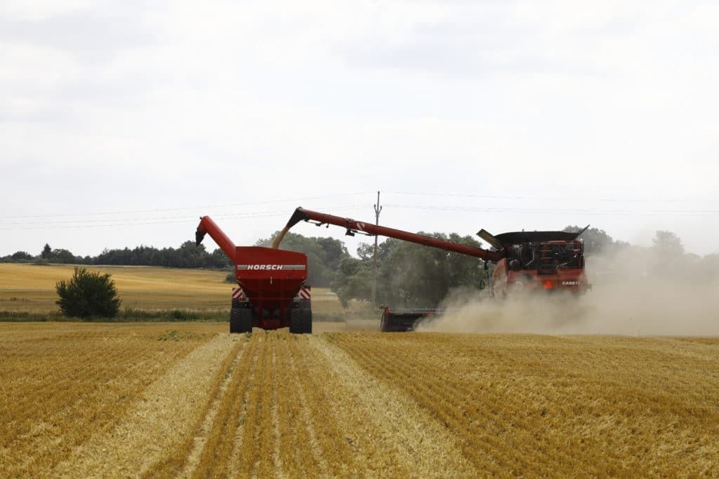 Traktor mit Überladewagen sowie Mähdrescher