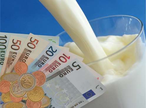 Milch fließt in ein Glas, davor Euroscheine