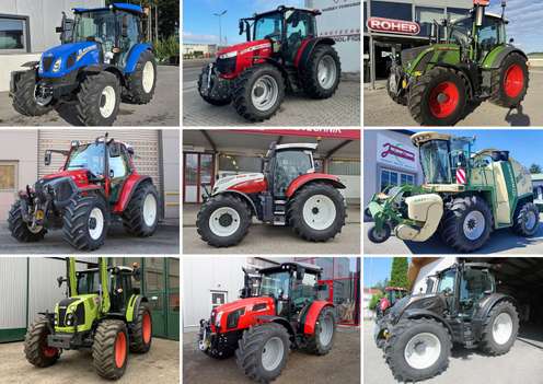 Collage of nine different tractors in various colors, showcased in outdoor and industrial settings.