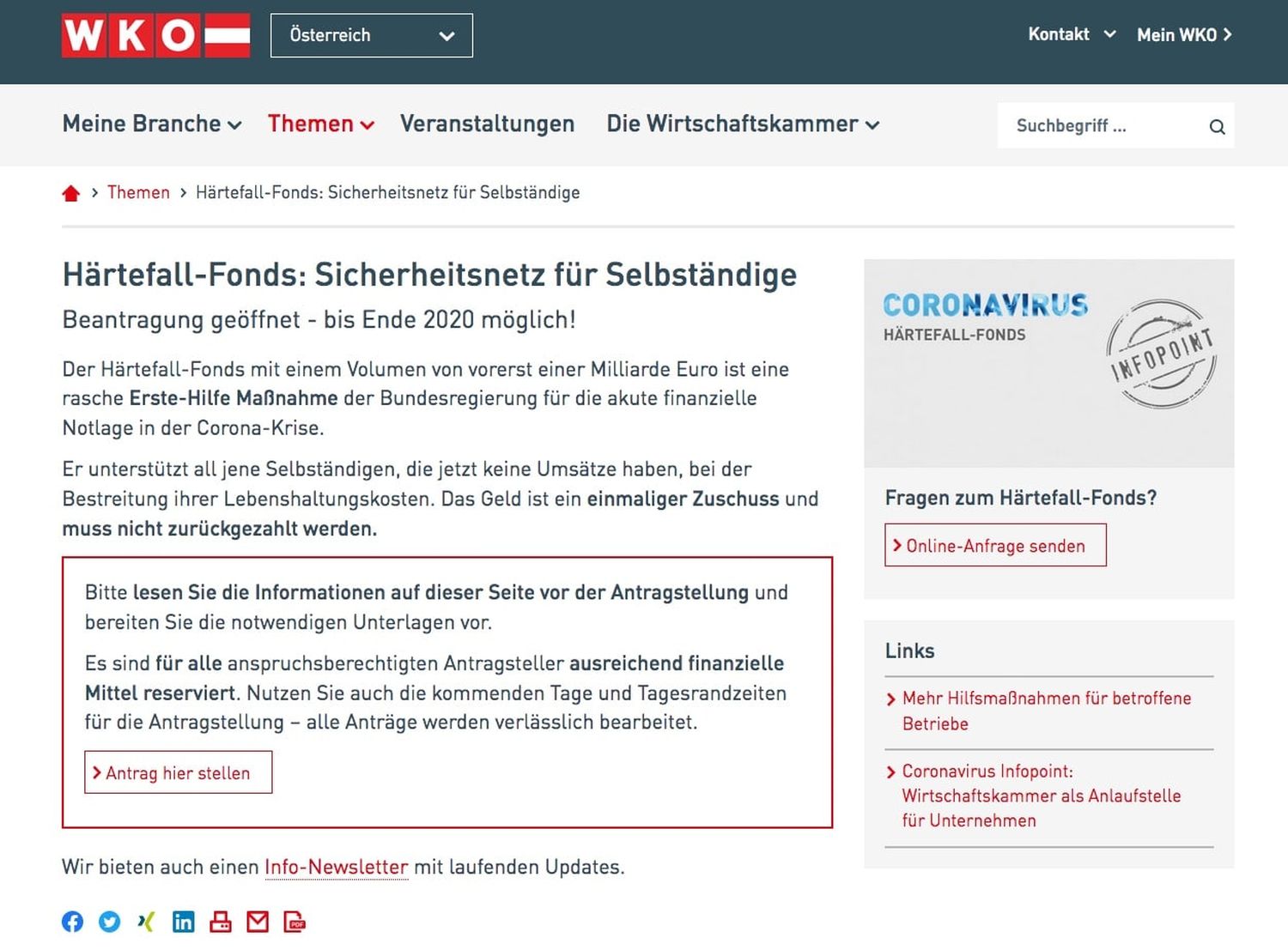 Die Antragstellung ist ab sofort bei der Wirtschaftskammer möglich.