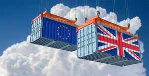 Freight Containers With European Union And United Kingdom Flag. 3D Rendering