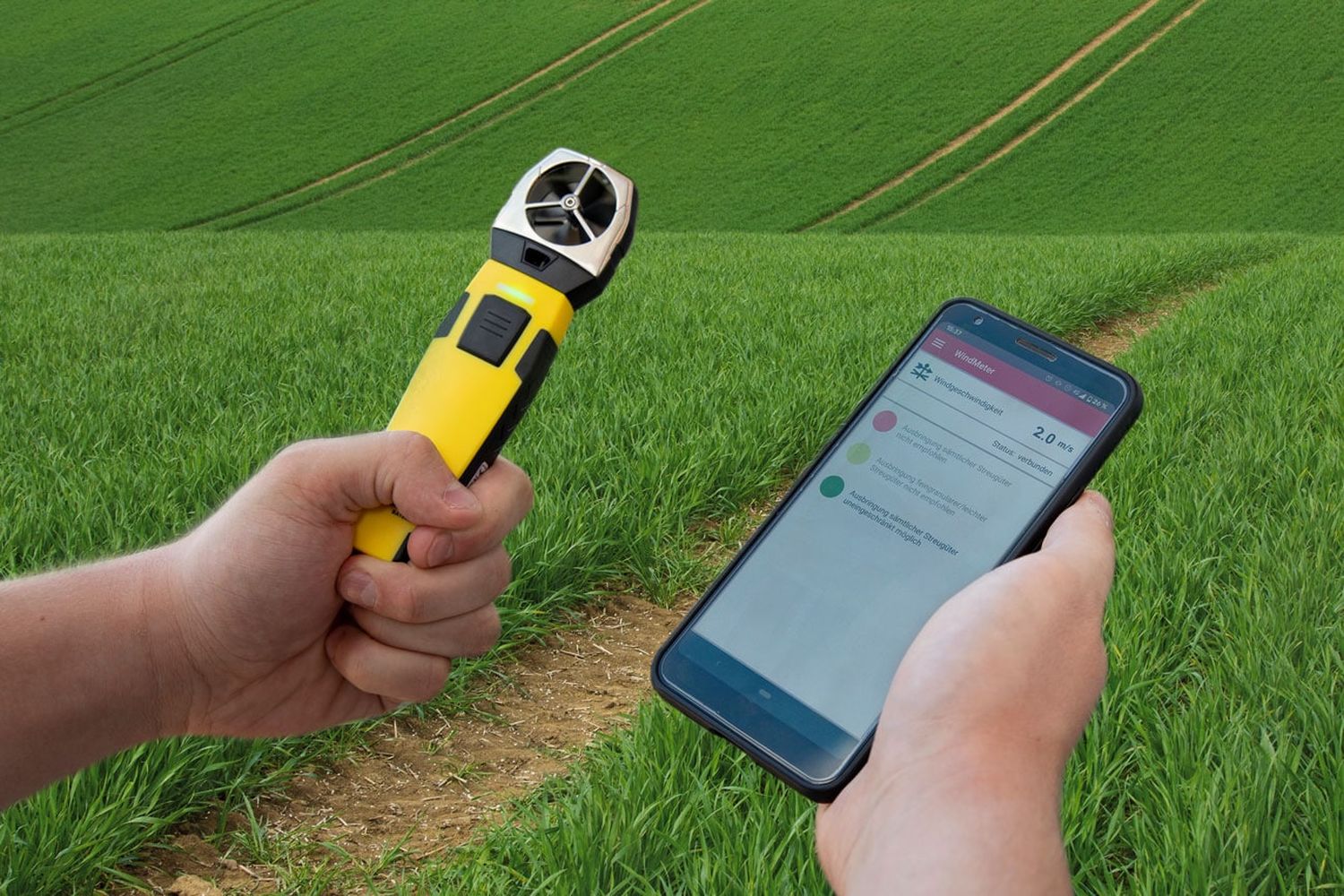 Das Flügelrad-Anemometer und ein Handy mit der neuen App