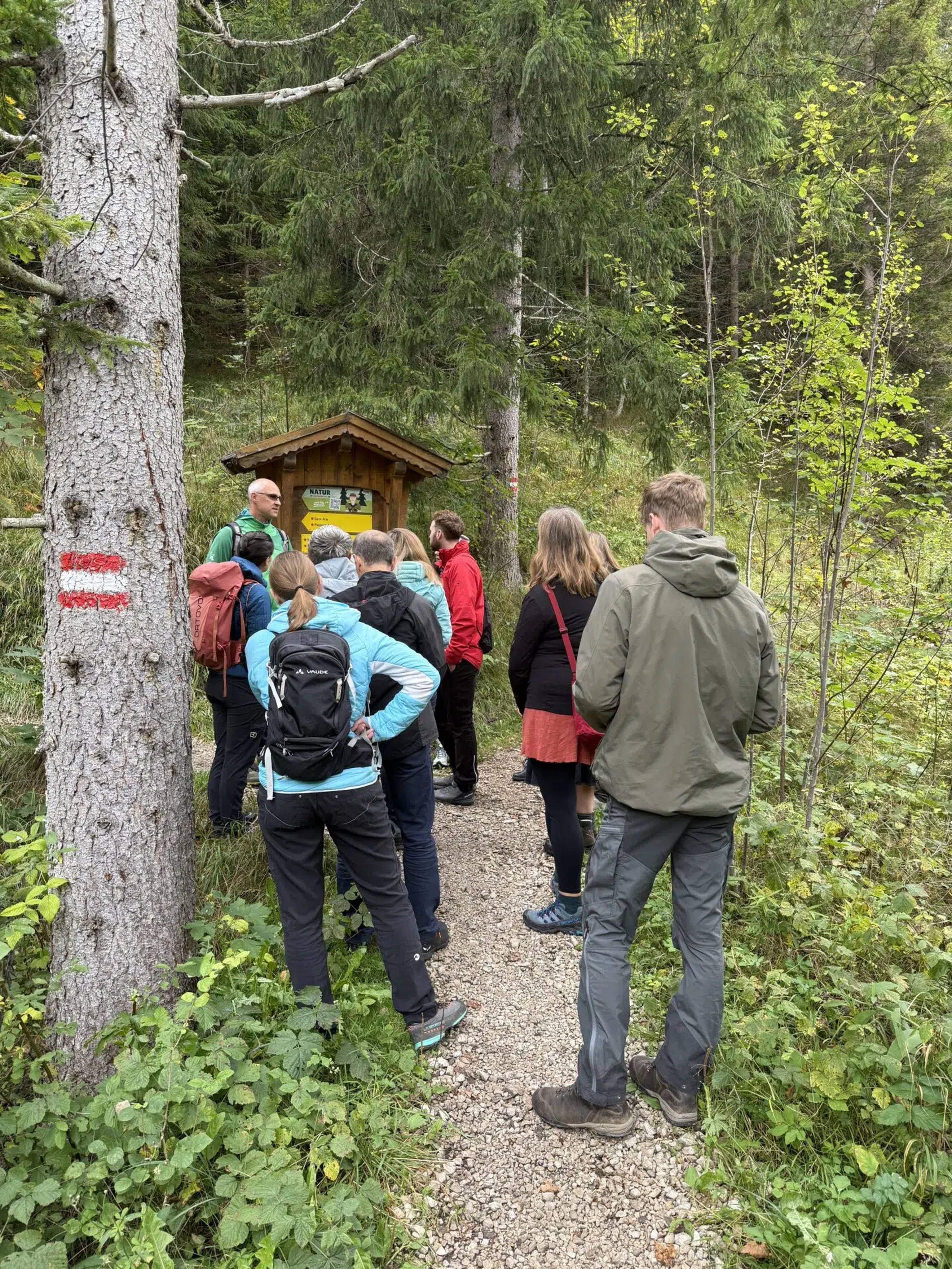 A group of people stands on a forest trail near a wooden signpost, surrounded by trees and greenery.
