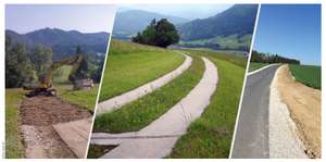 Ein Unterbau für einen Schotterweg, ein Betonspurweg und ein Asphaltweg mit einer Wiesenmulde