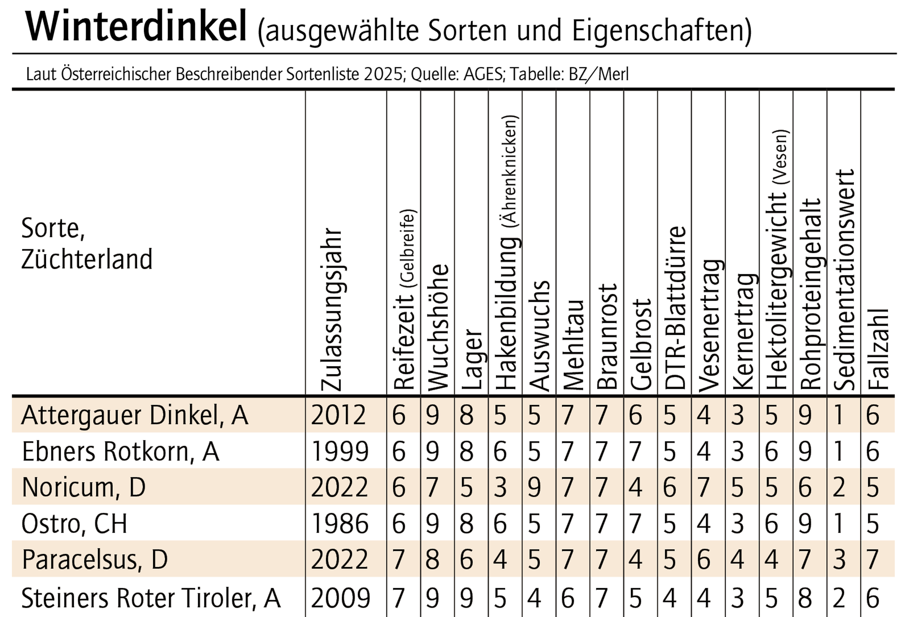 Tabelle mit Informationen zu Winterdinkel