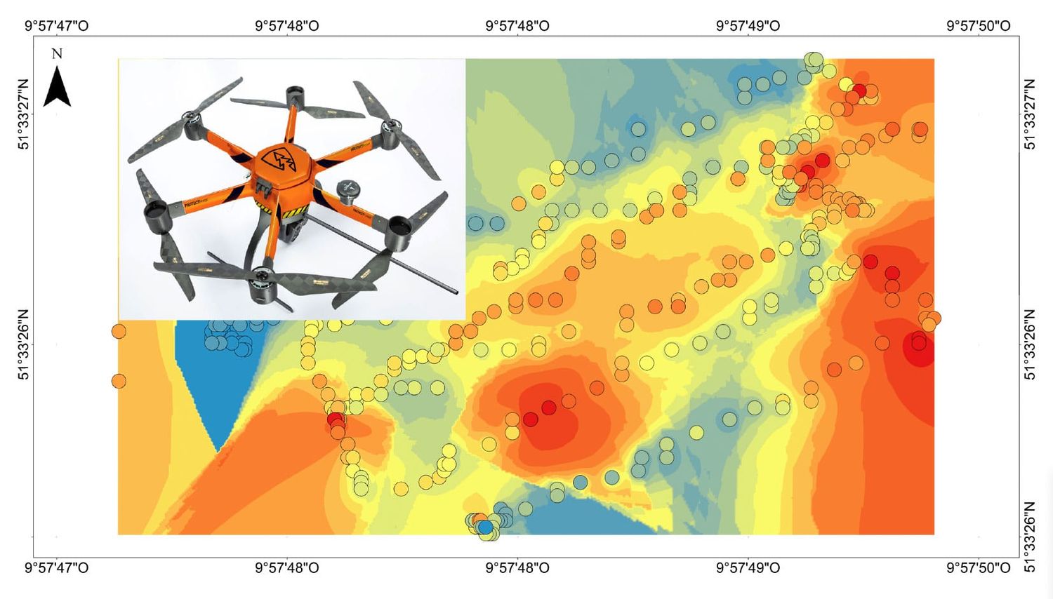 Heatmap der Feldtest-Befliegung: Die Harzquellen (rot) konnte die Drohne mit ihrer Electronic Nose lokalisieren.