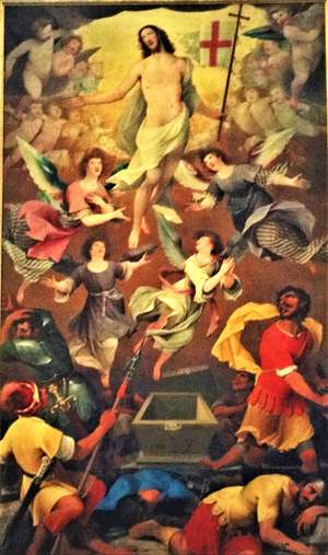 Gemälde der biblischen Auferstehungsszene: Christus schwebt über dem leeren Grab, umgeben von Engeln; Soldaten unten schauen überrascht.