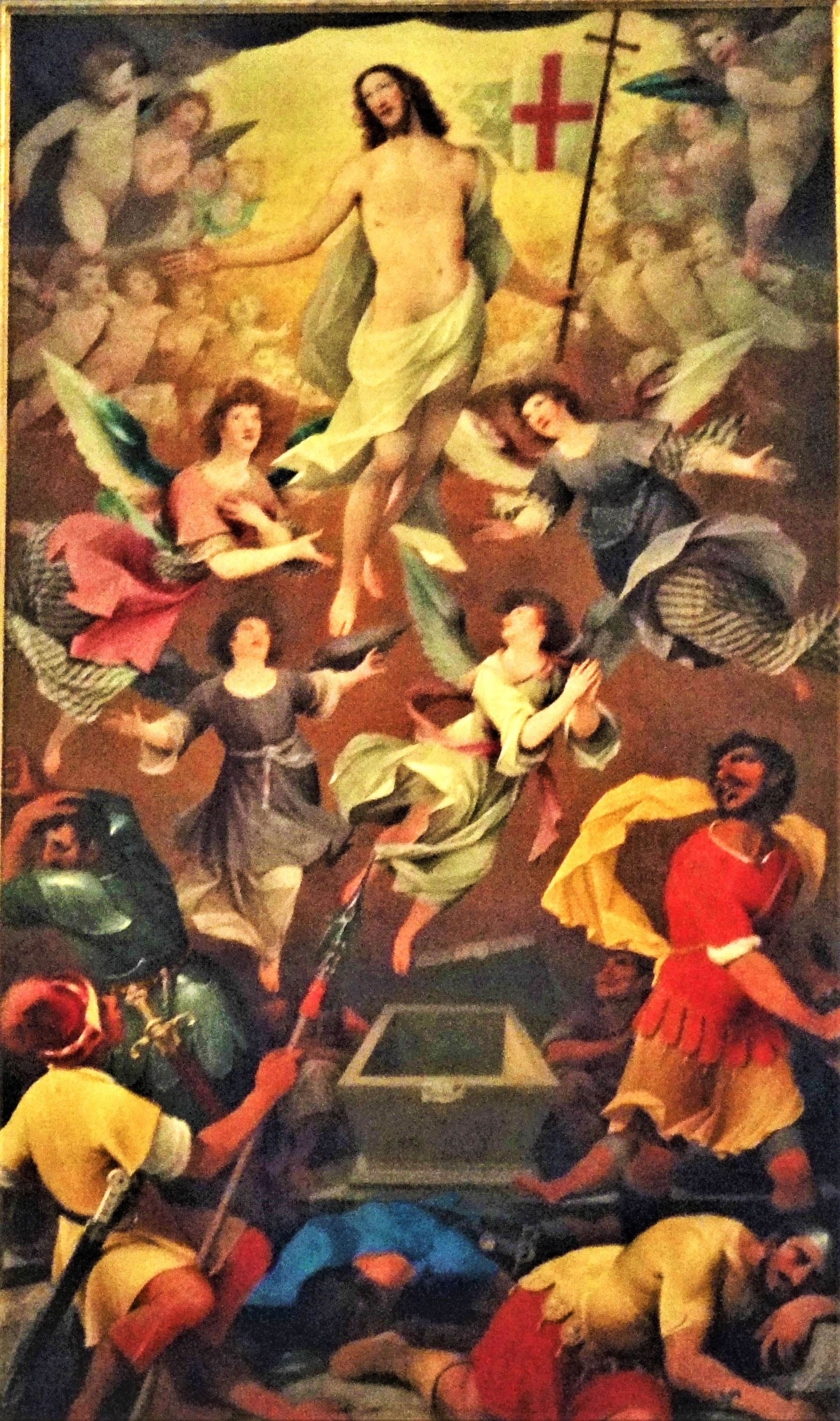 Gemälde der biblischen Auferstehungsszene: Christus schwebt über dem leeren Grab, umgeben von Engeln; Soldaten unten schauen überrascht.