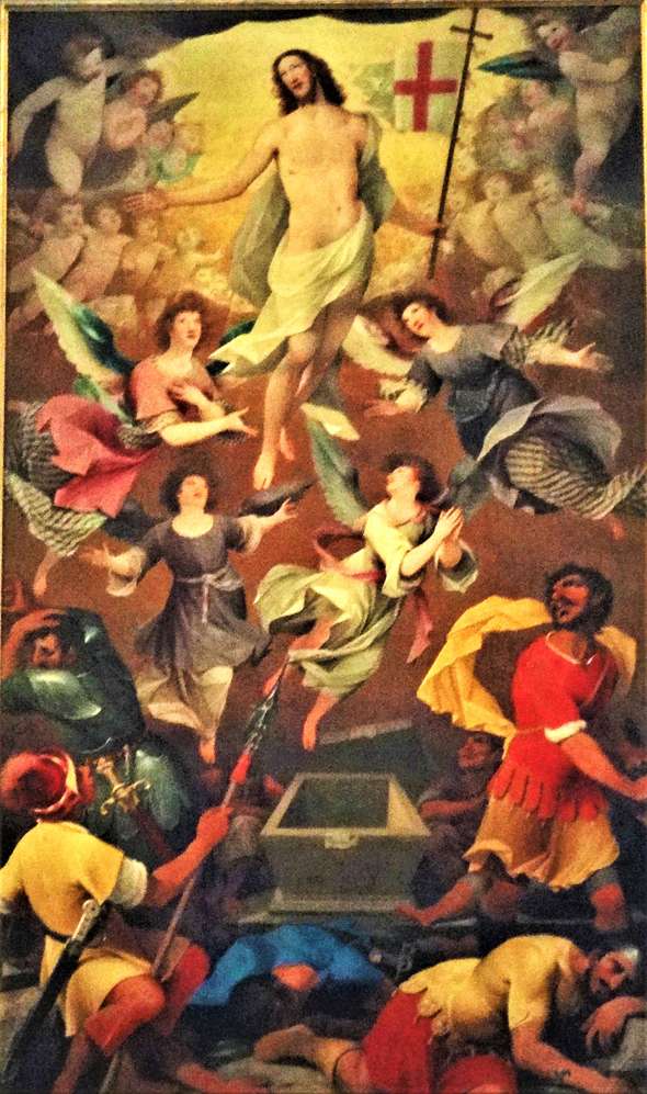 Gemälde der biblischen Auferstehungsszene: Christus schwebt über dem leeren Grab, umgeben von Engeln; Soldaten unten schauen überrascht.