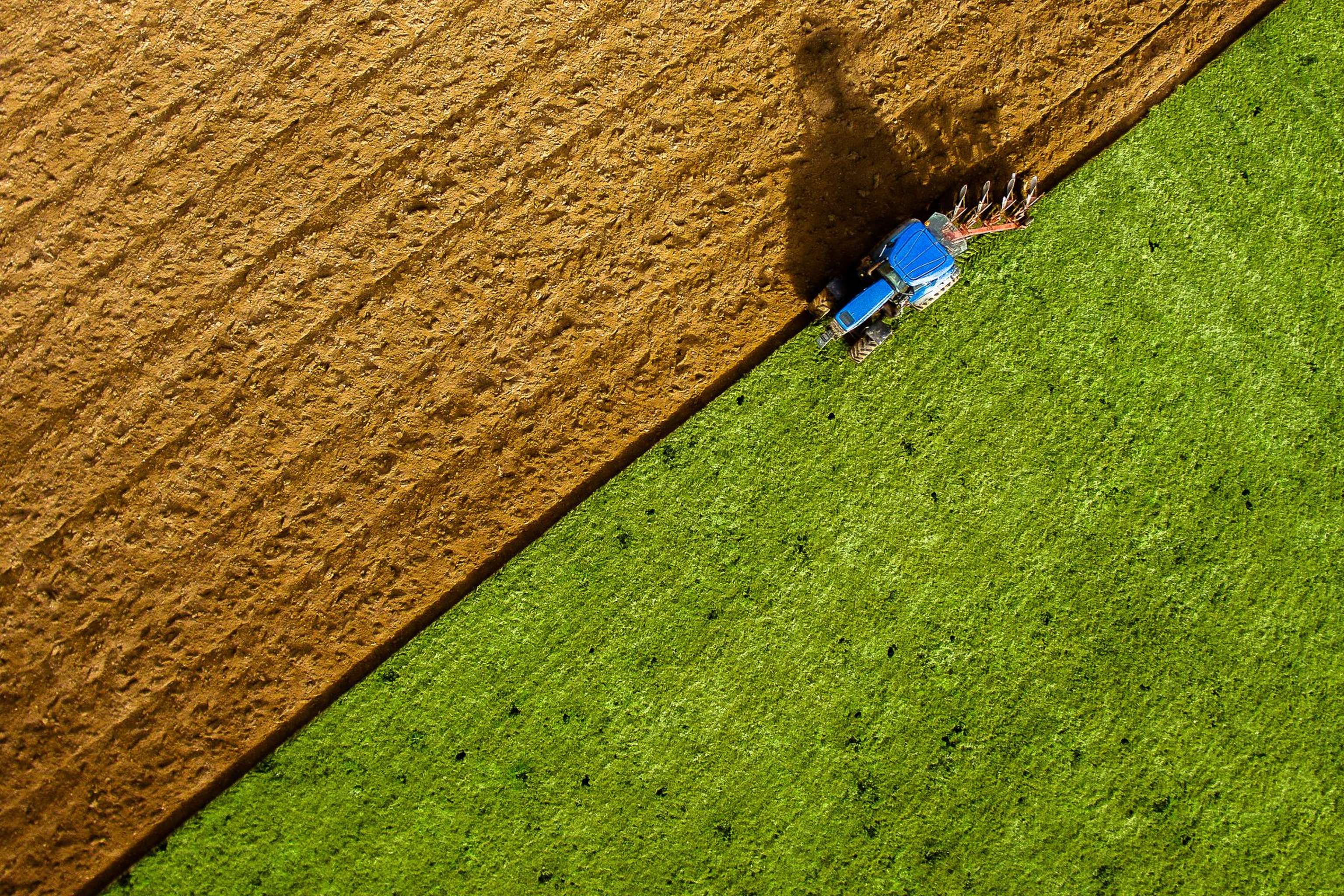 Aerial view of a blue tractor plowing a field, dividing the brown tilled soil from the vibrant green grass.