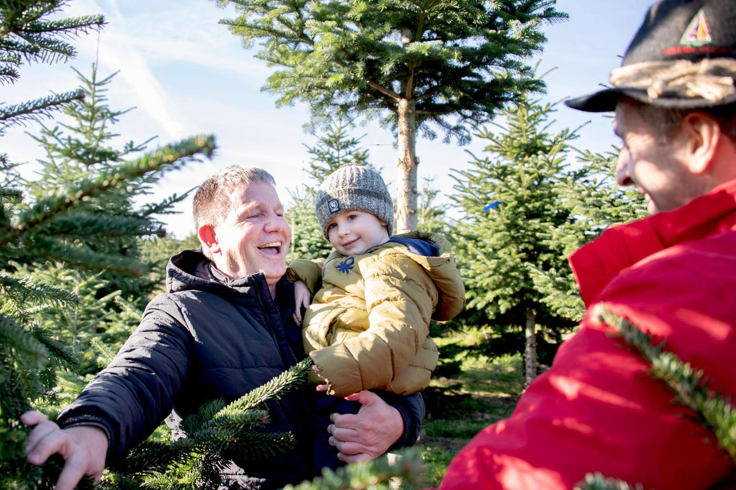 Mann mit Kind bei der Suche nach einem Christbaum