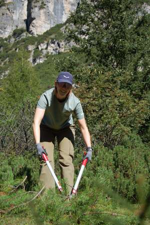 Frau mit Kappe und Sonnenbrille schneidet mit einer langen Heckenschere Äste in einer Berglandschaft mit Felswand.