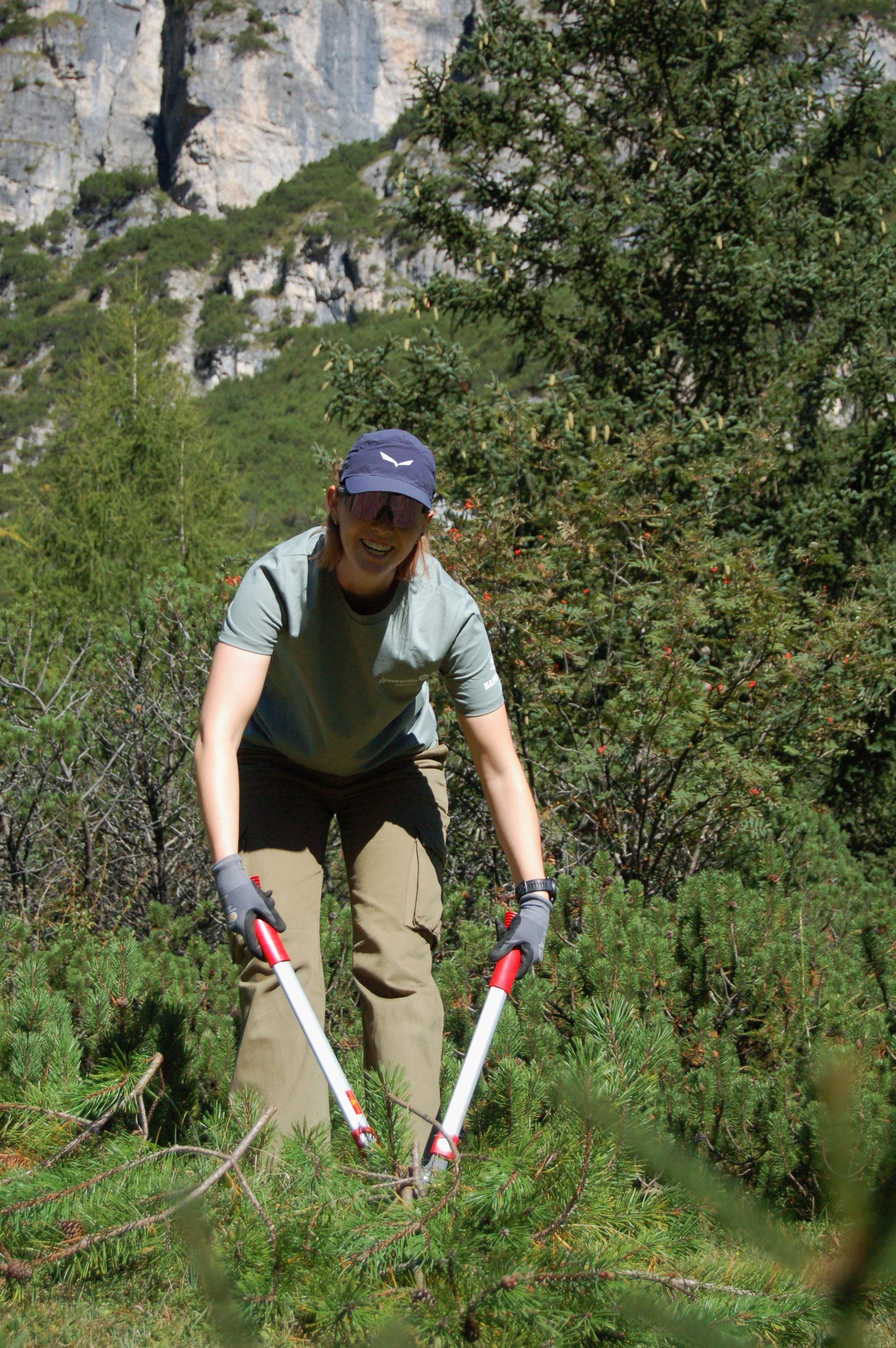 Frau mit Kappe und Sonnenbrille schneidet mit einer langen Heckenschere Äste in einer Berglandschaft mit Felswand.