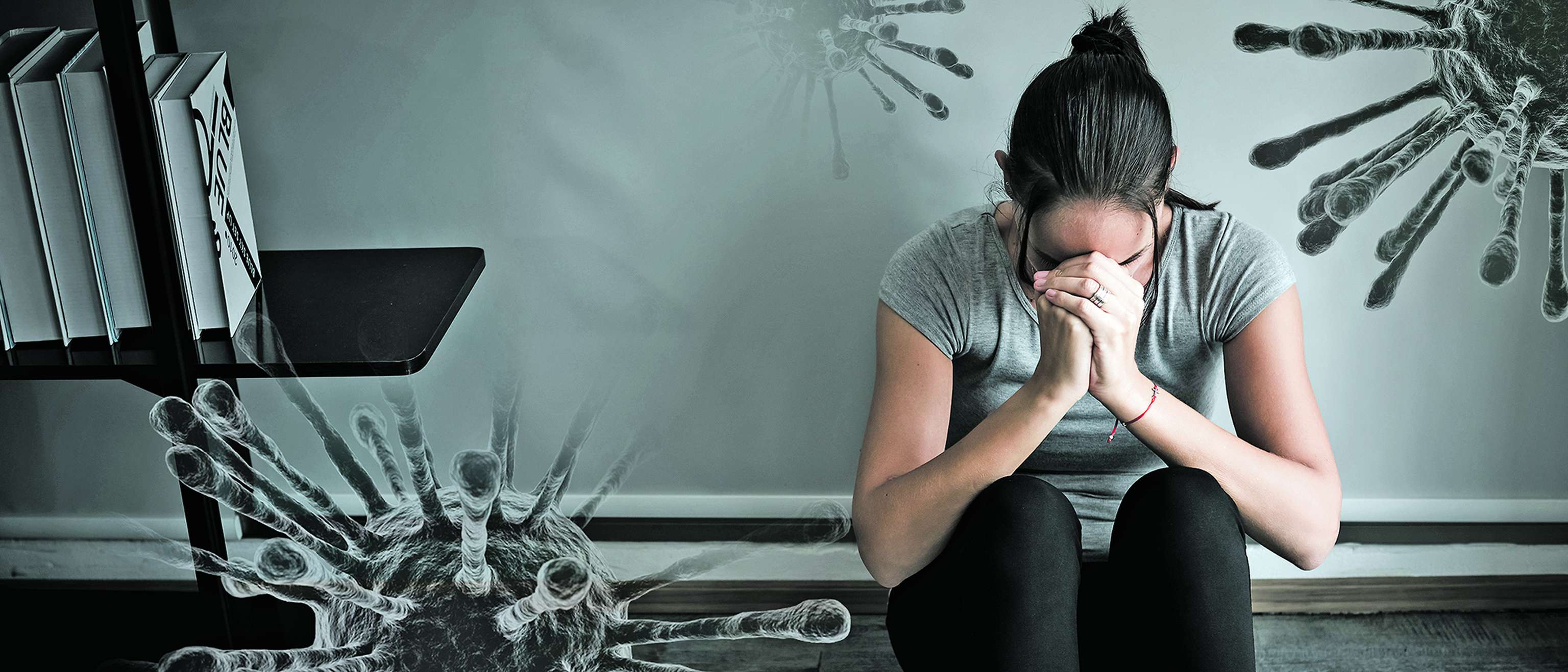 Woman Mental Health Illness Sad Headache. 3D Virus