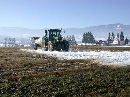 Gülleausbringung mit Traktor und Schwanenhalsverteiler im Schnee