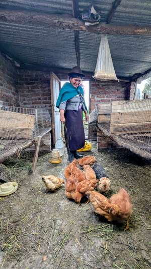 Lächelnde Frau mit Hut und blauem Umhang füttert Hühner in einem einfachen Hühnerstall aus Ziegelsteinen.