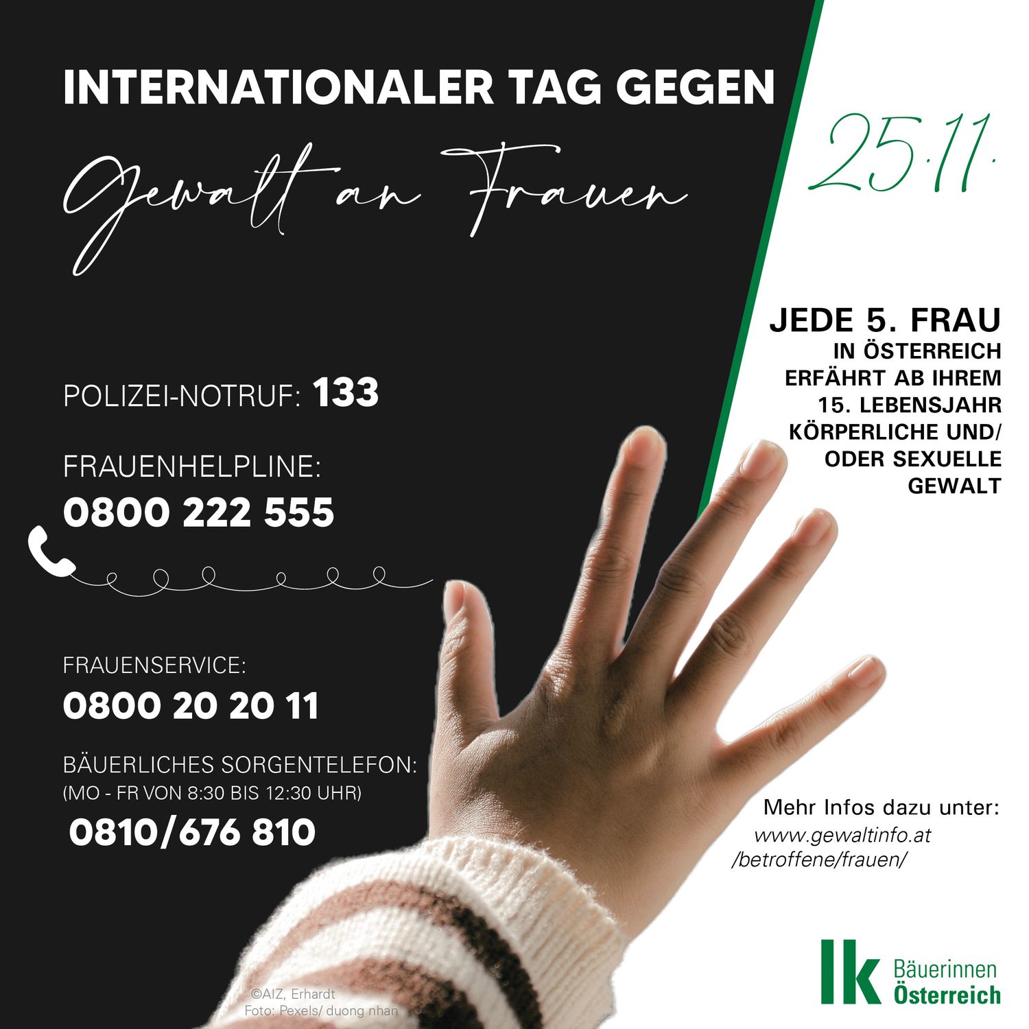 Notrufnummern bei Gewalt an Frauen.