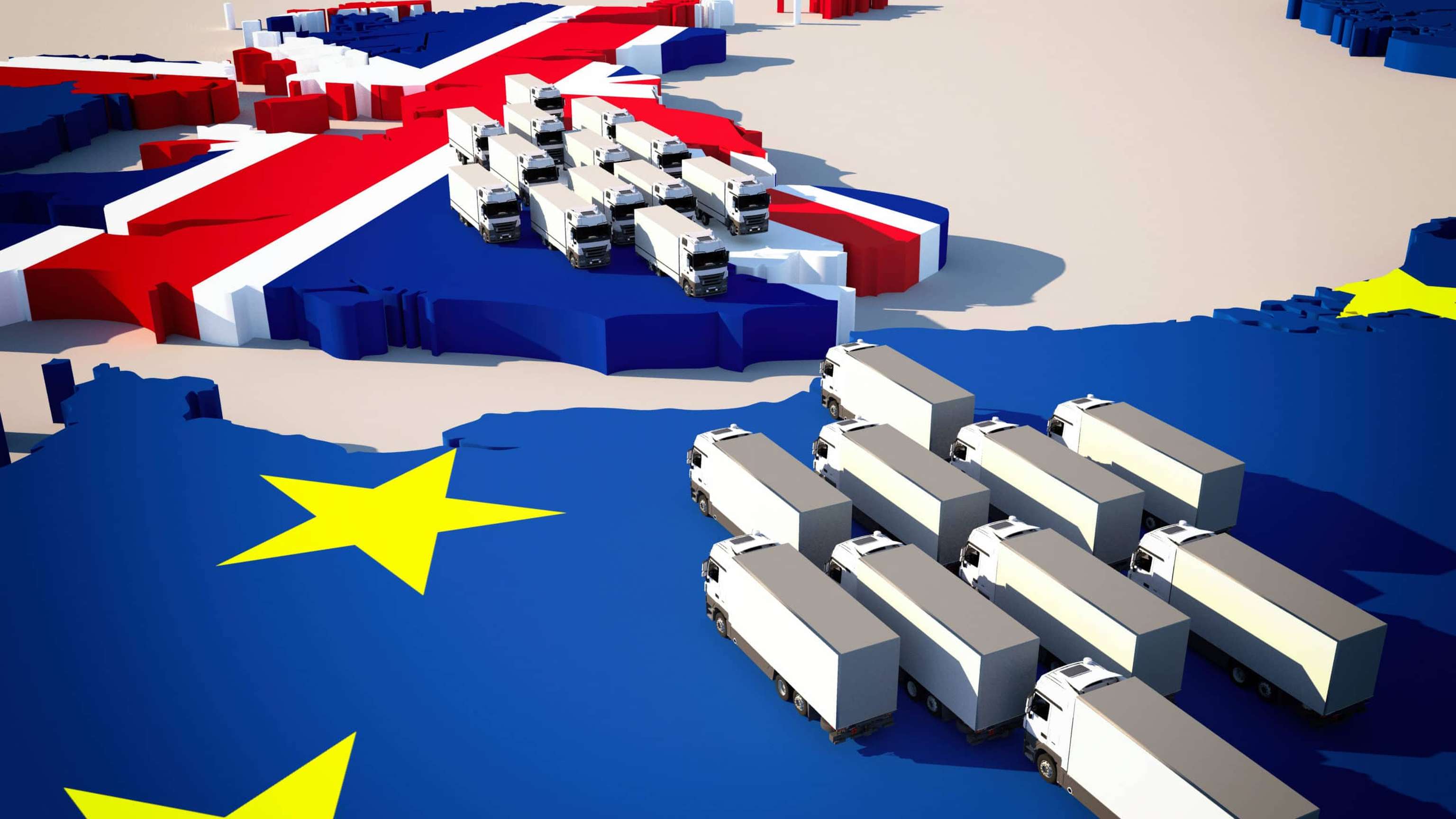 Europe Map With Waiting Trucks Brexit / Border Control/ Customs Check / 3d Illustration