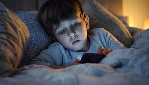Child Uses A Smartphone While Lying In Bed In The Evening