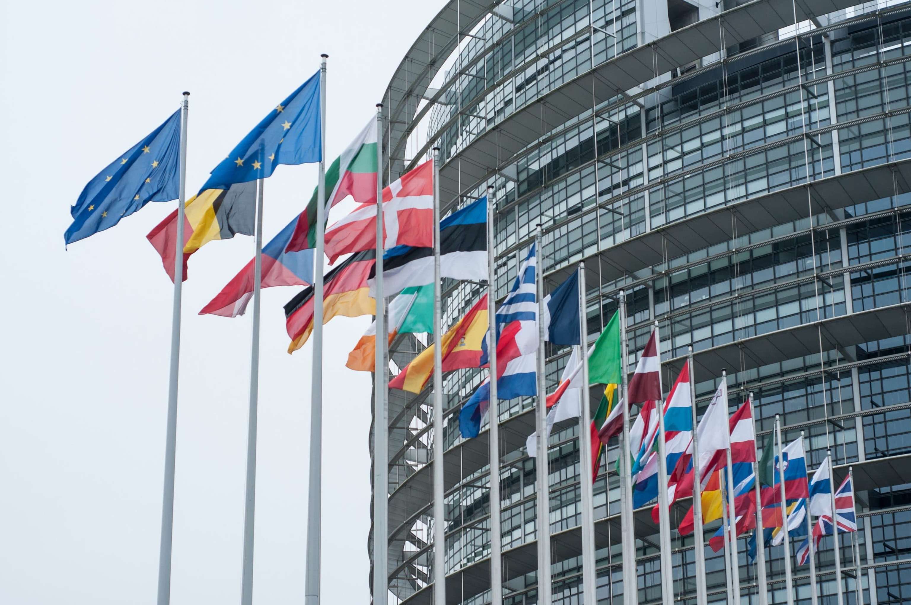 Strasbourg France 24 December 2017 Retail Of Facade With Flags Of European Union Parliament