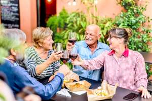 Happy Friend Seniors Having Fun Toasting Red Wine At Dinner Gard