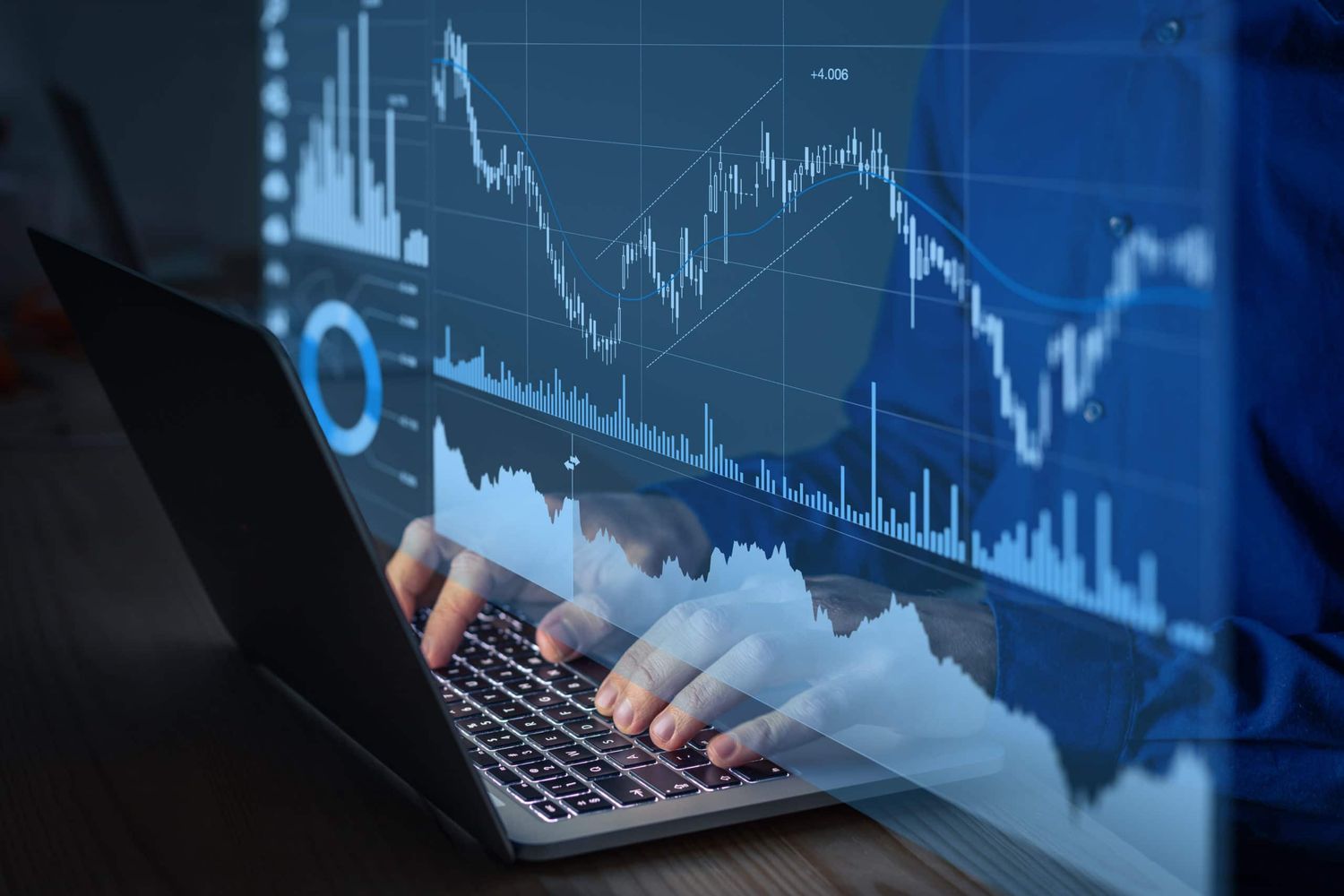 Trading On Stock Exchange Market And Investment Strategy For Financial Assets With Person Using Online Software To Analyze Price Statistics And Trade From Home At Night To Make Profit