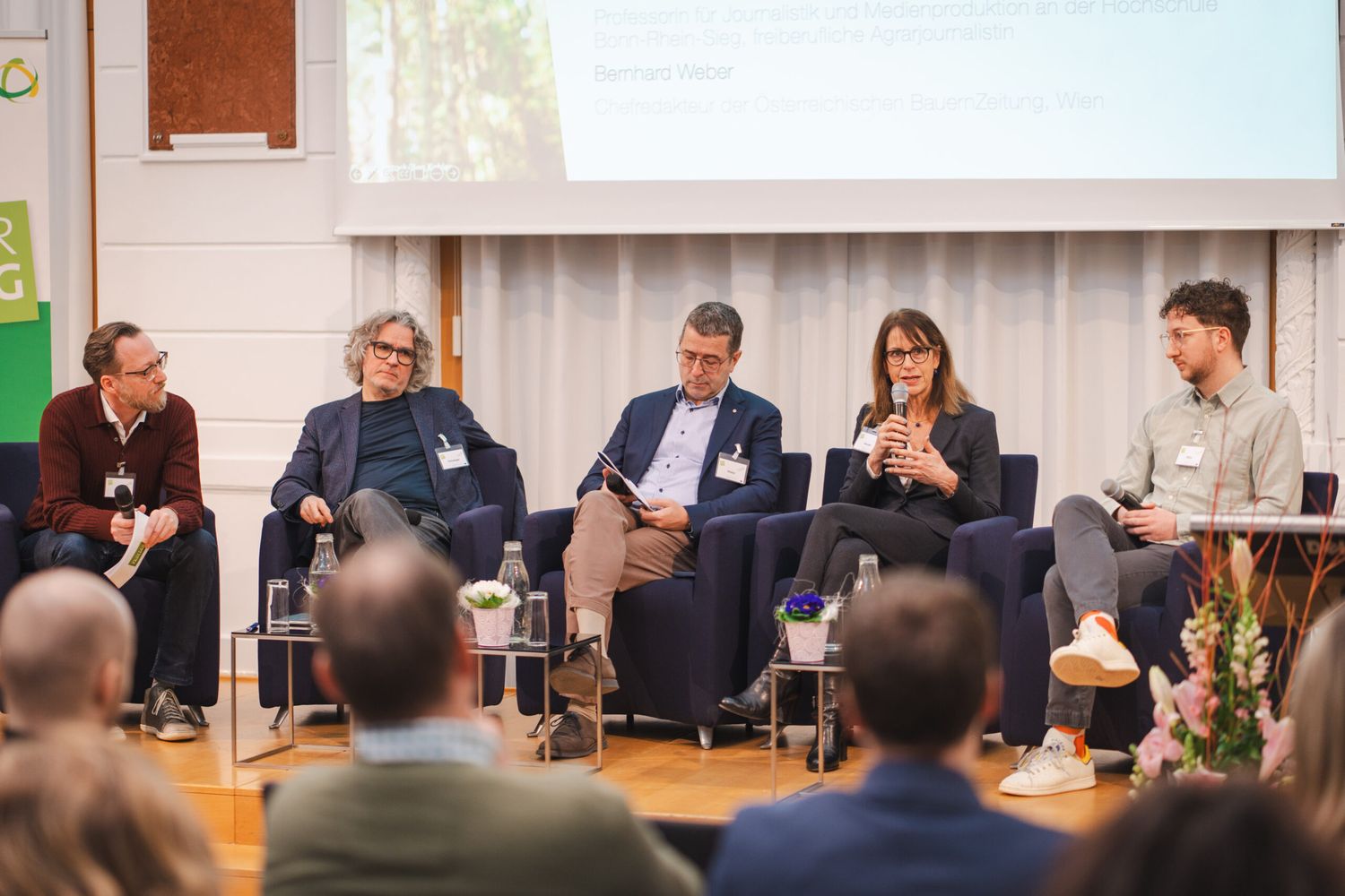 Diskussion über Kommunikation: Roland Achatz, Wolfgang Schweiger, Bernhard Weber, Katharina Seuser, Andreas Sator.